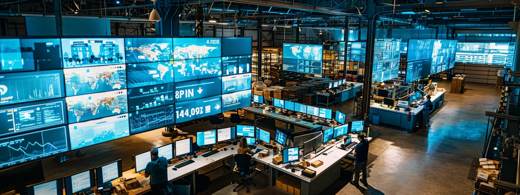 a dynamic warehouse filled with high-tech equipment and screens displaying real-time data analytics, as workers collaborate to make strategic decisions for optimizing freight and logistics operations.