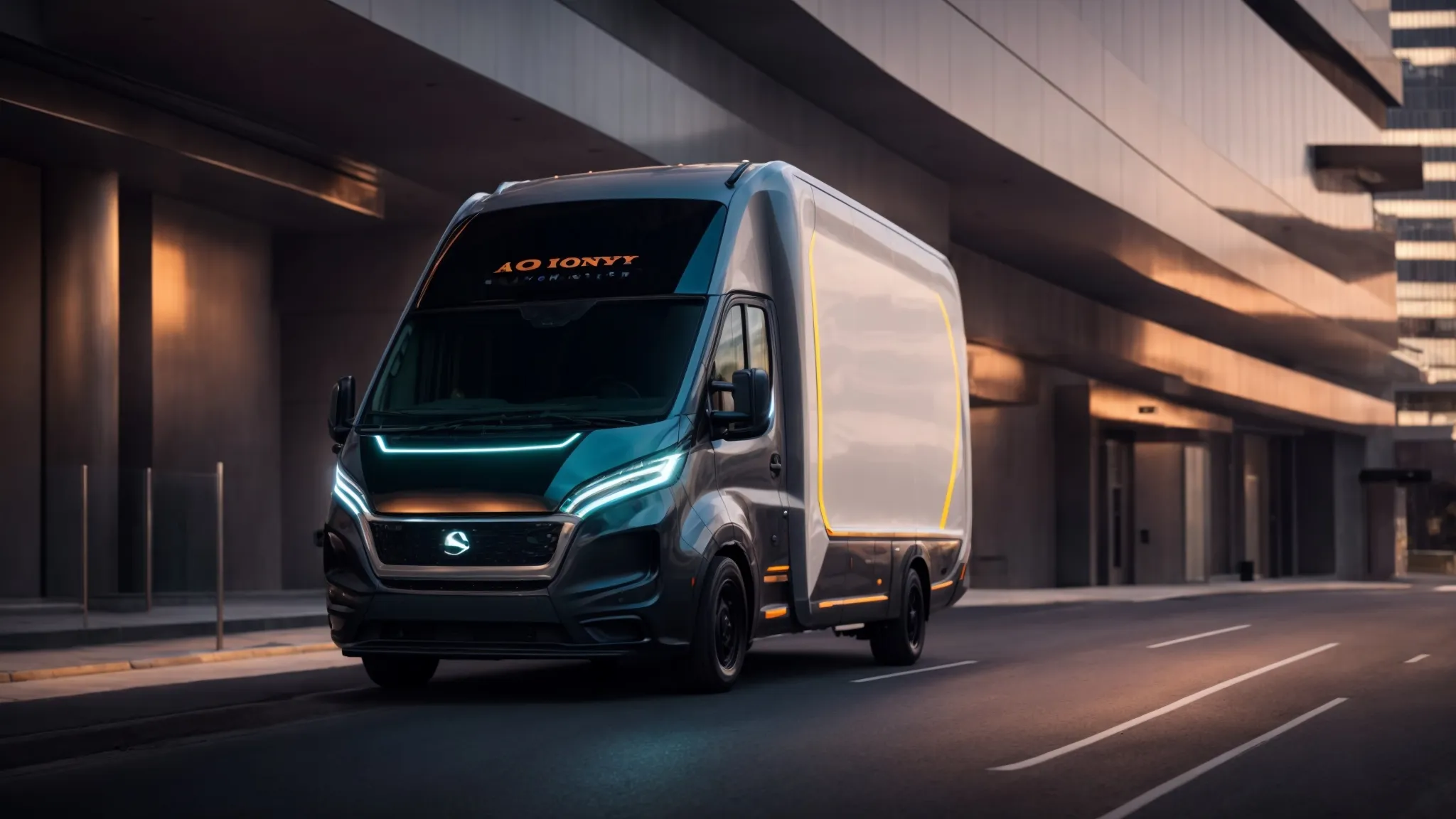 a sleek and futuristic delivery van with advanced tracking technology, showcasing alkeba's state-of-the-art fleet and technology.