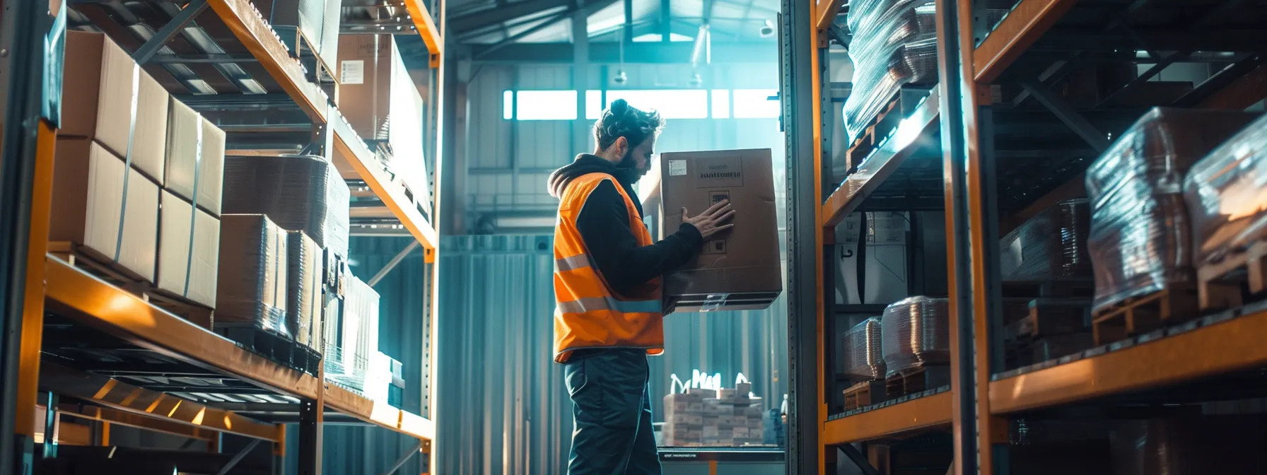 a busy air cargo shipping company warehouse with drones buzzing overhead, workers loading packages onto conveyor belts, and a countdown clock ticking down for same-day delivery orders.