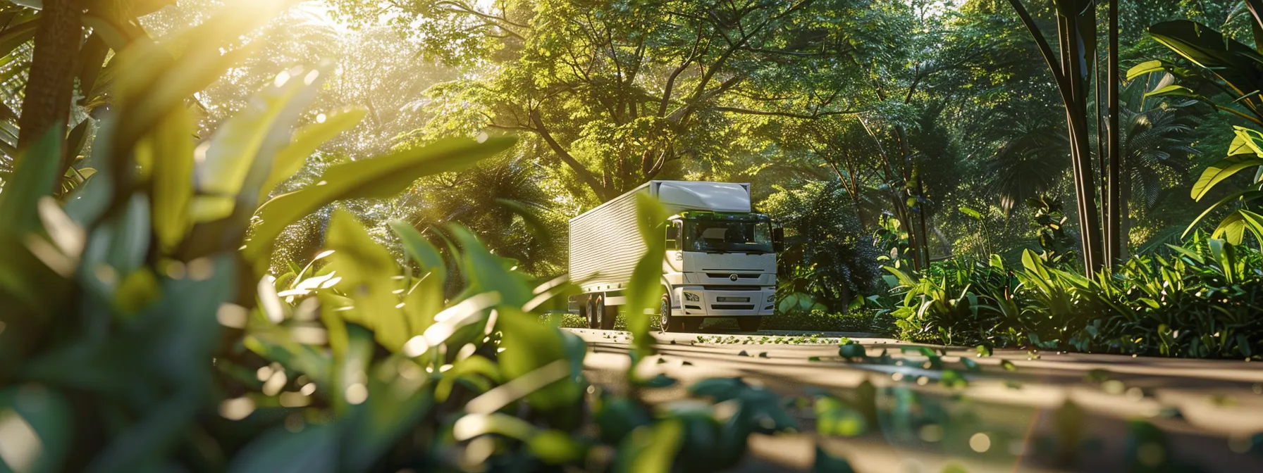 a solar-powered cargo truck driving through a lush green landscape, symbolizing eco-friendly transportation methods in freight operations.