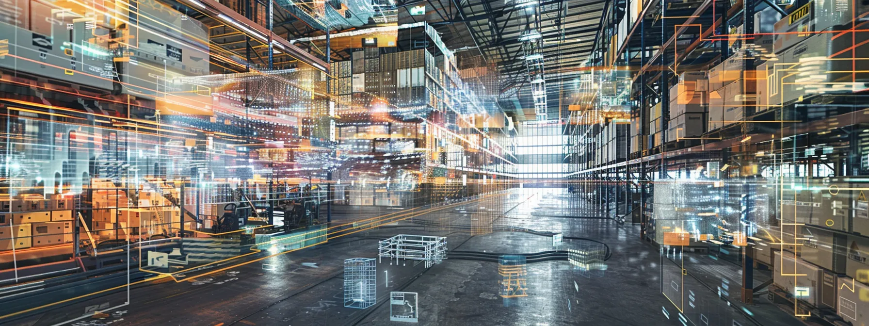 a bustling warehouse with a seamless flow of data analytics and communication between shippers and logistics partners, ensuring efficient and cost-effective transportation services.