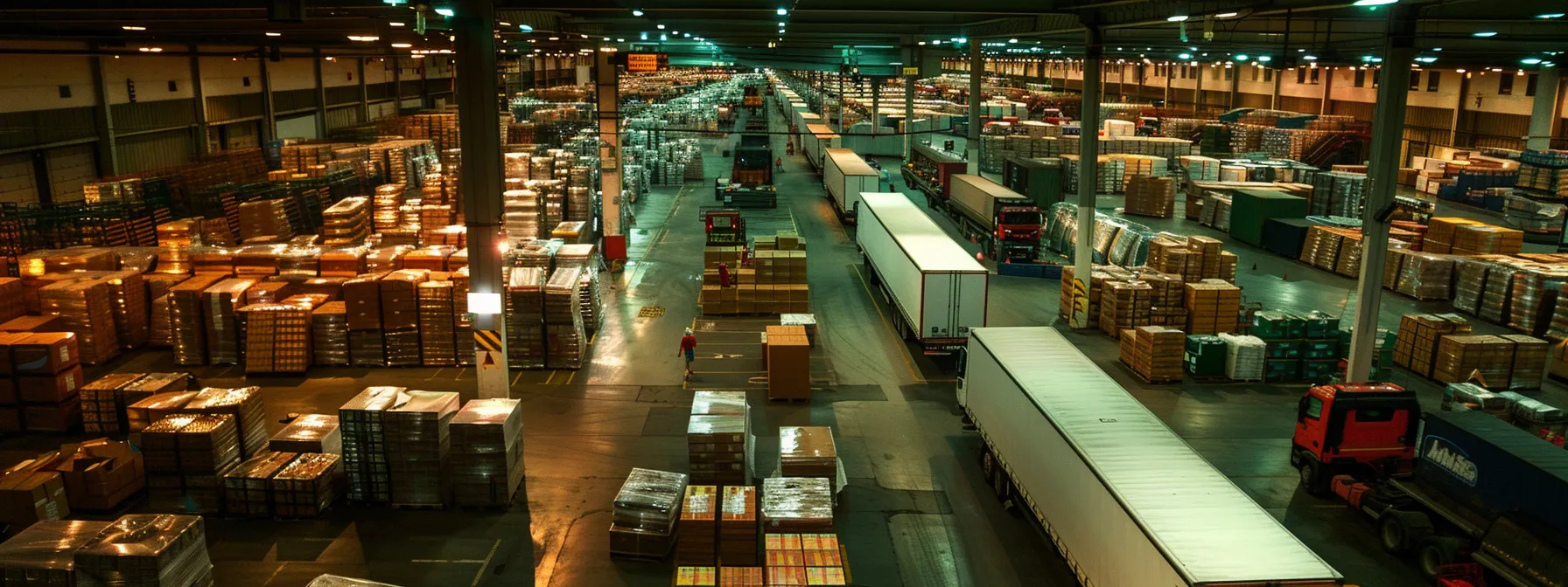 a busy warehouse with trucks loading pallets efficiently, while a digital tracking system monitors shipments in real time.