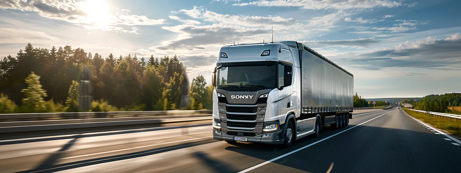 a truck loaded with cargo speeding down a highway under a bright blue sky, symbolizing cost efficiency, speed, reliability, cargo safety, and shipment control in ftl logistics.