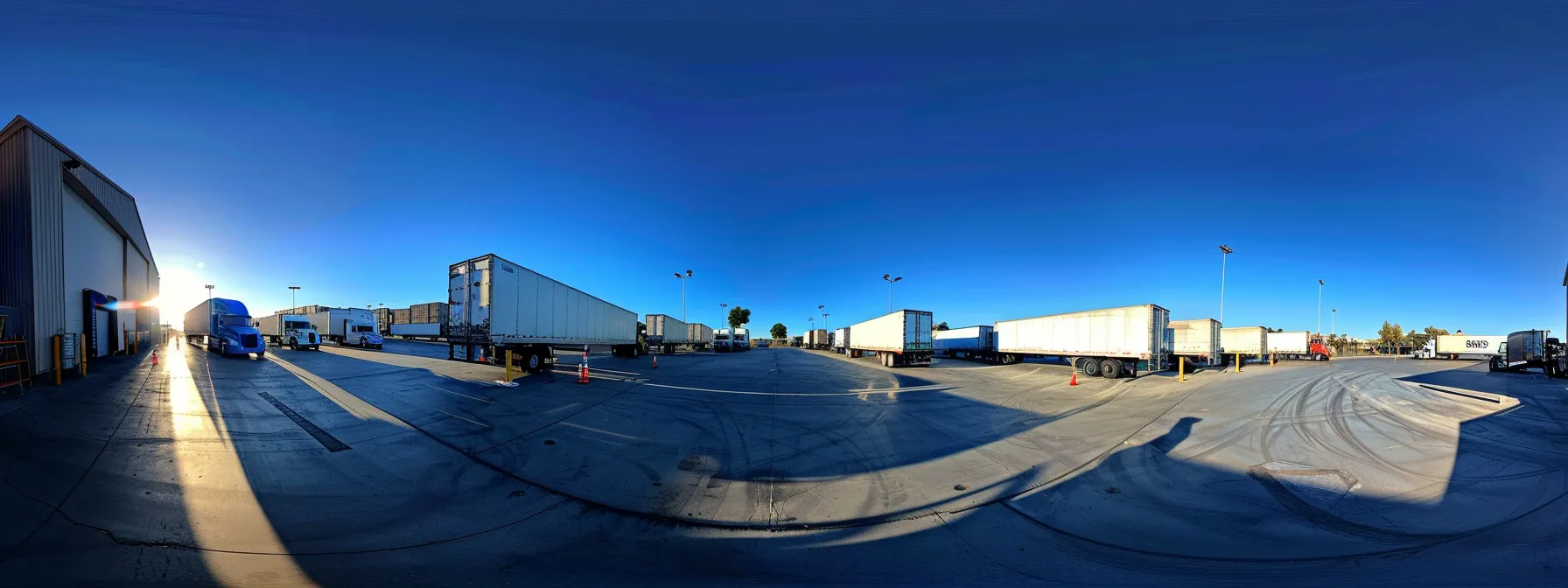 a bustling loading dock with trucks lined up under a clear blue sky, as workers use real-time tracking technology to optimize routes and load planning for efficient ftl shipping.