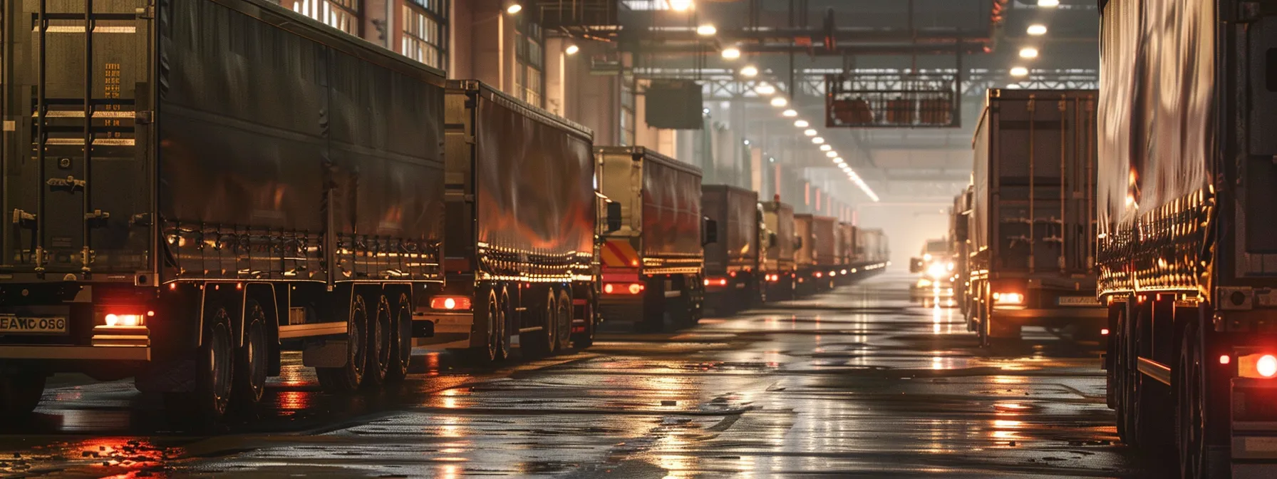 a busy warehouse with a line of trucks waiting to be loaded, showcasing the challenges and solutions in ftl logistics.