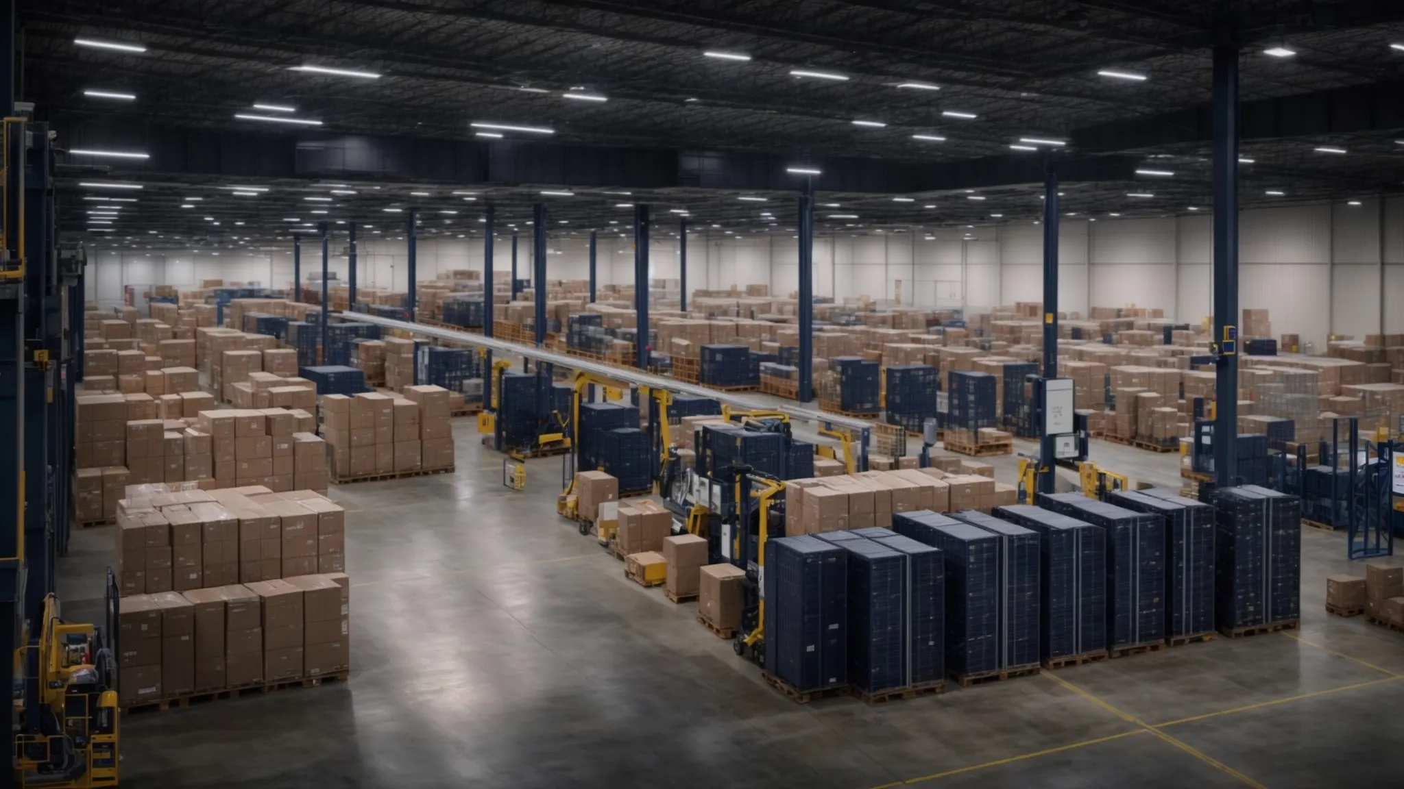 a bustling warehouse filled with state-of-the-art logistics technology and efficient freight partners working together seamlessly to maximize supply chain efficiency.