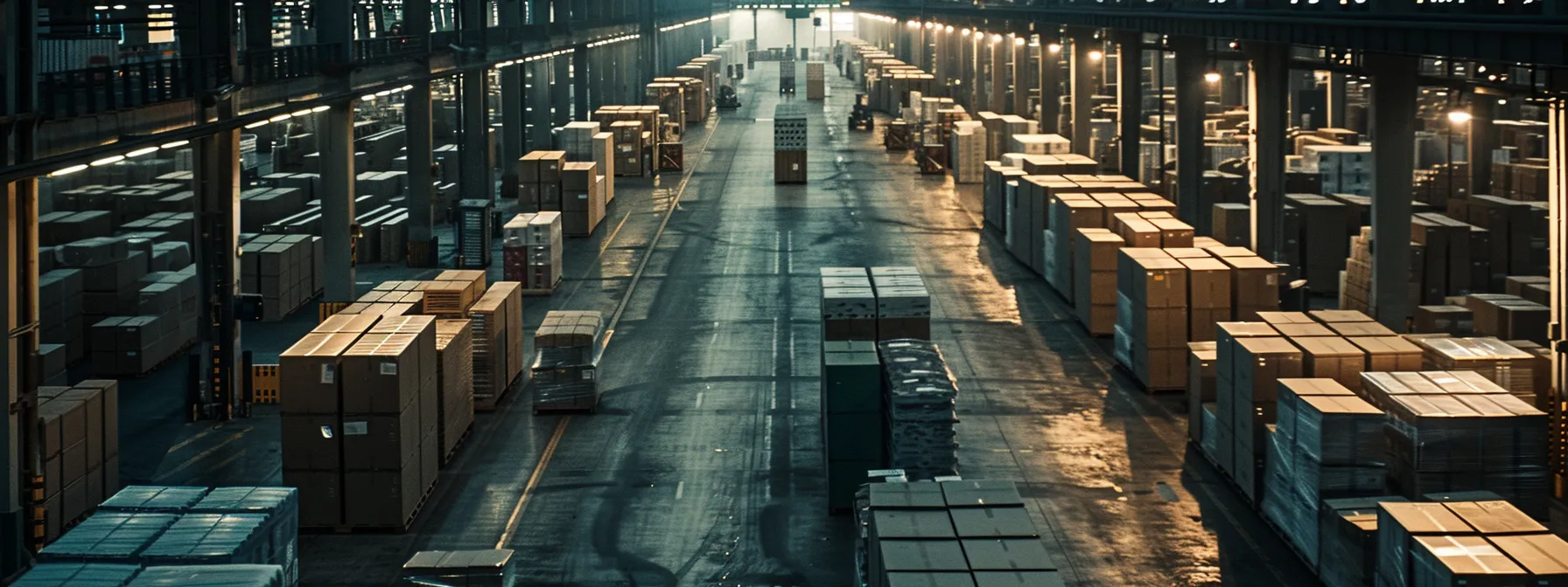 a bustling distribution center with rows of neatly stacked and labeled ltl freight shipments, showcasing cost-effective logistics solutions for businesses.