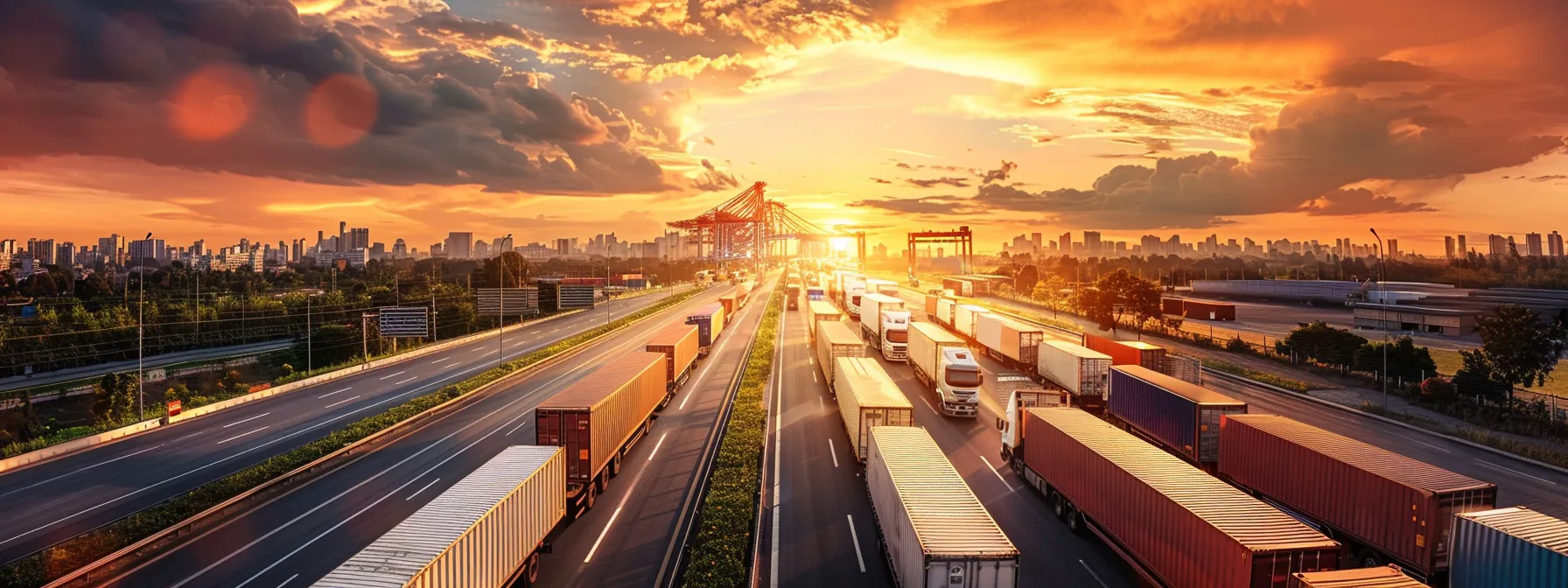 a busy freight yard filled with various transport vehicles and freight containers, showcasing a bustling logistics operation.