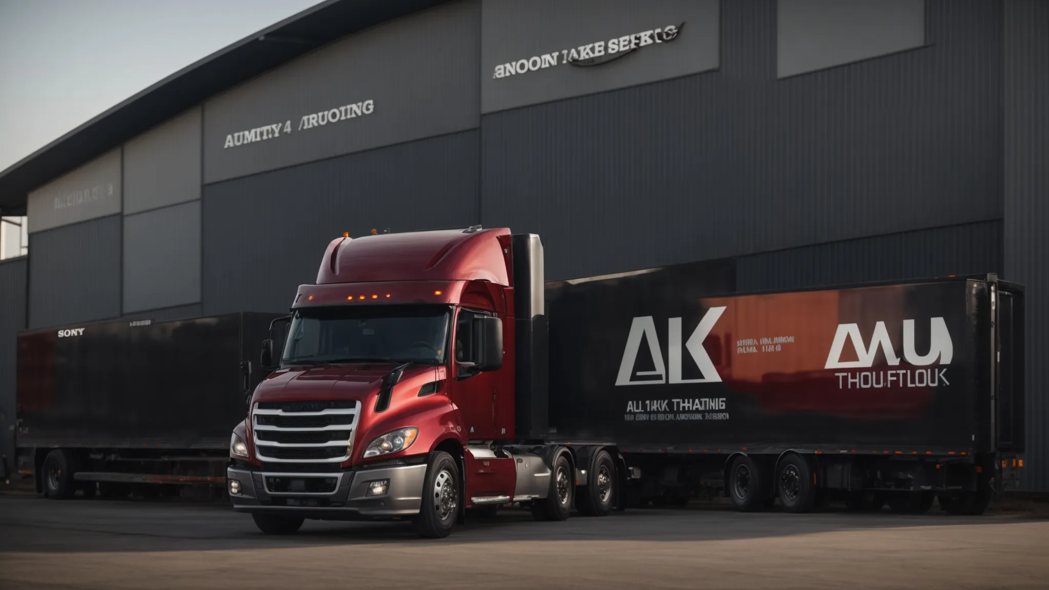 a sleek, modern truck with the alkeba trucking services logo parked in front of a bustling warehouse.