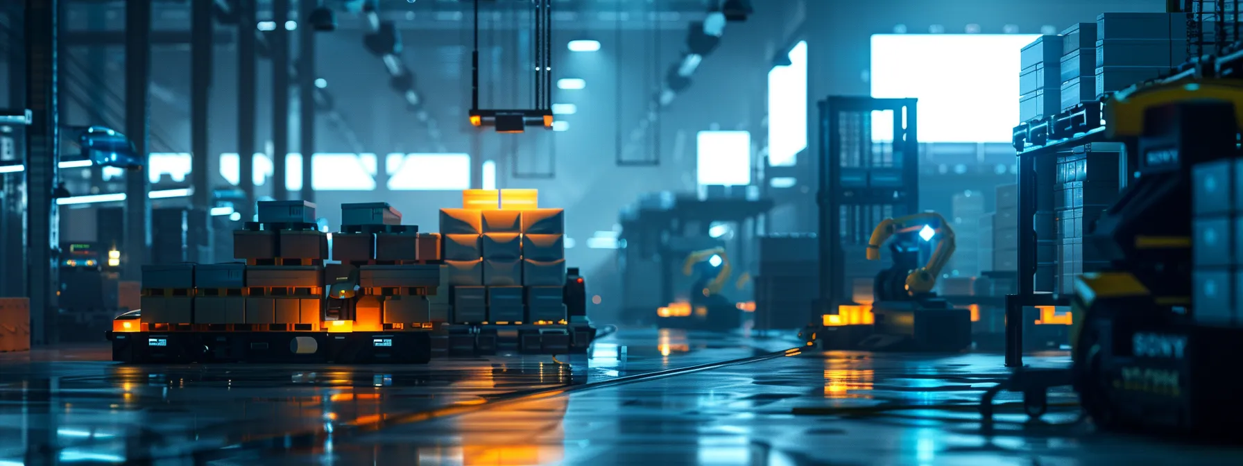 a futuristic warehouse bustling with automated robots sorting packages under the watchful gaze of a glowing artificial intelligence system.