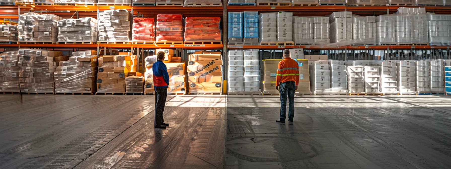 a warehouse worker standing between a full truckload (tl) and a less-than-truckload (ltl) shipment, carefully weighing the options.