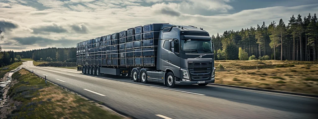 a massive, sleek truck loaded with packages driving through a scenic countryside road.