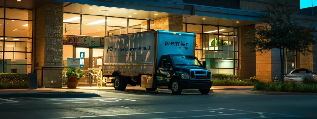 a shiny, well-maintained box truck parked in front of a modern rental office in arlington, tx, with a clear sign displaying