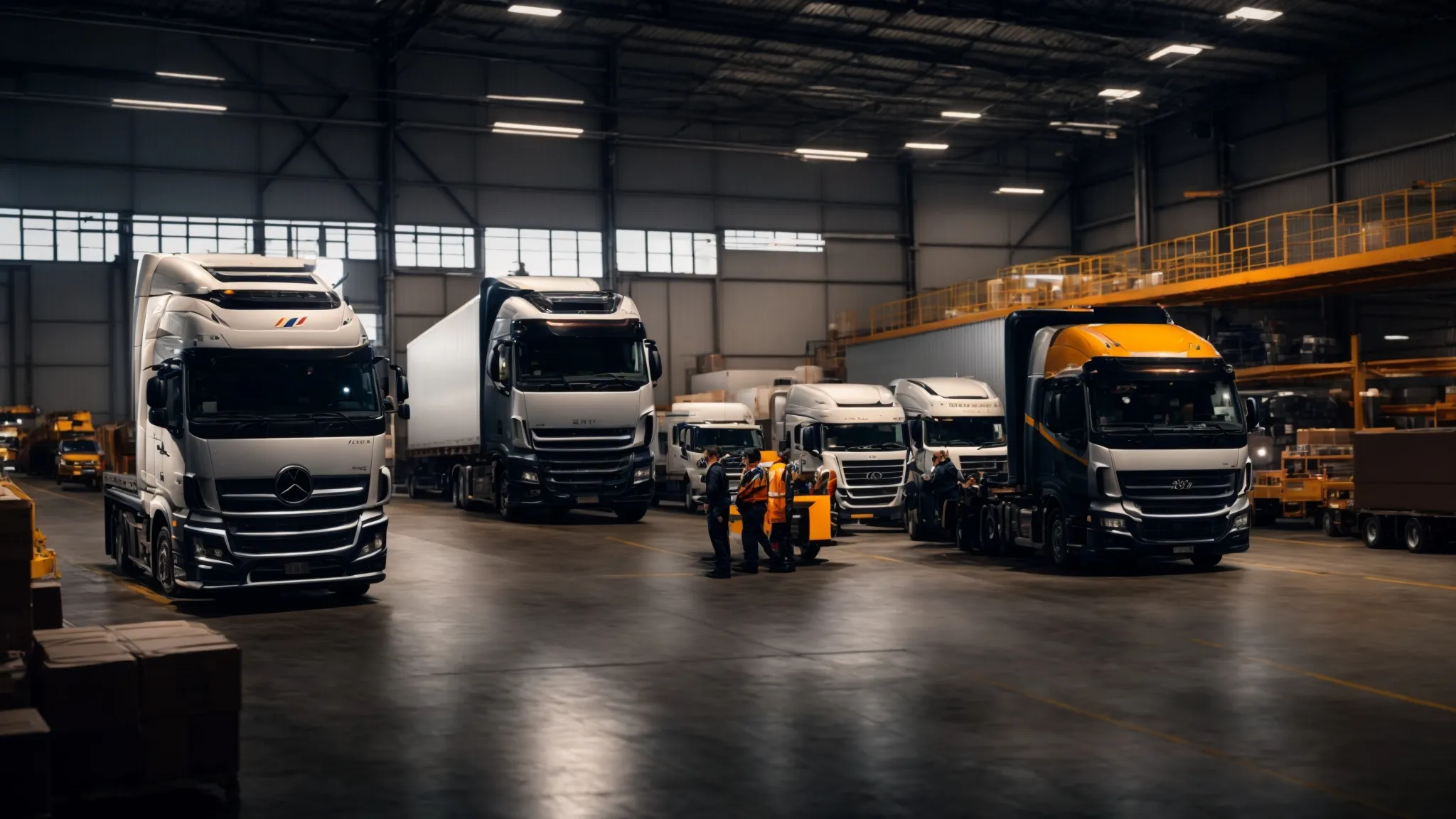 a team of professionals in a warehouse discussing customized freight solutions, surrounded by diverse cargo and transport vehicles.