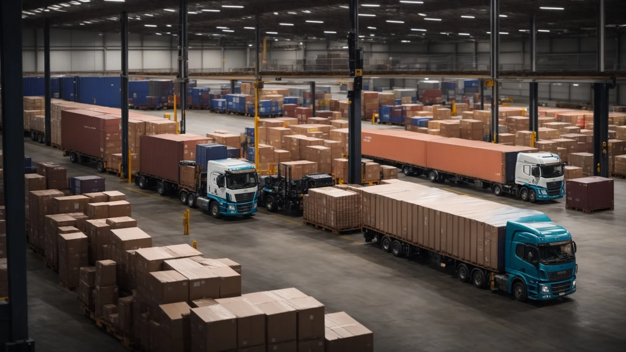 a bustling warehouse with a variety of freight trucks being loaded and unloaded, showcasing the logistics and efficiency of transport freight services.