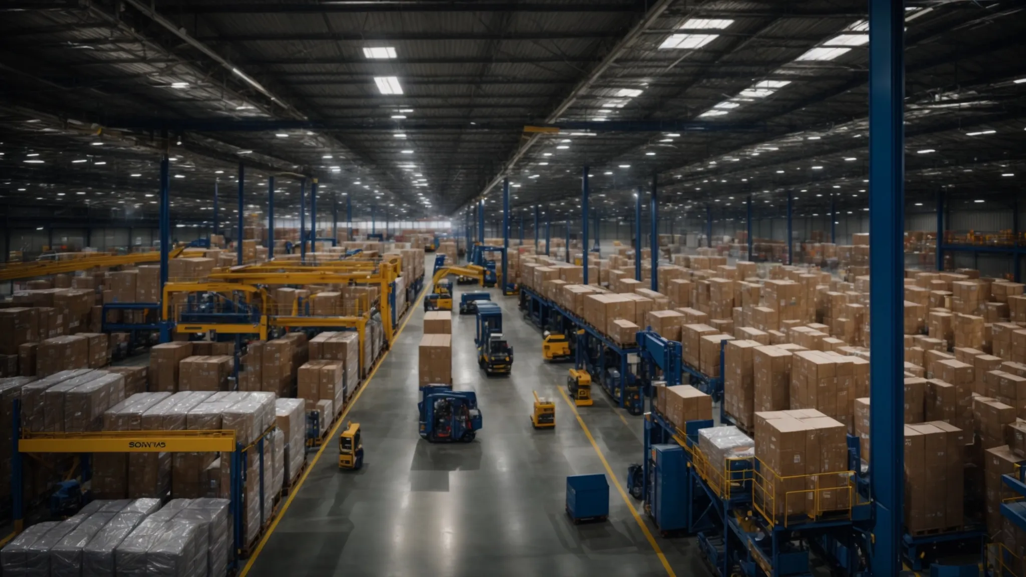 a bustling warehouse filled with diverse shipments being efficiently loaded onto ltl trucks by workers in bright blue alkeba uniforms.