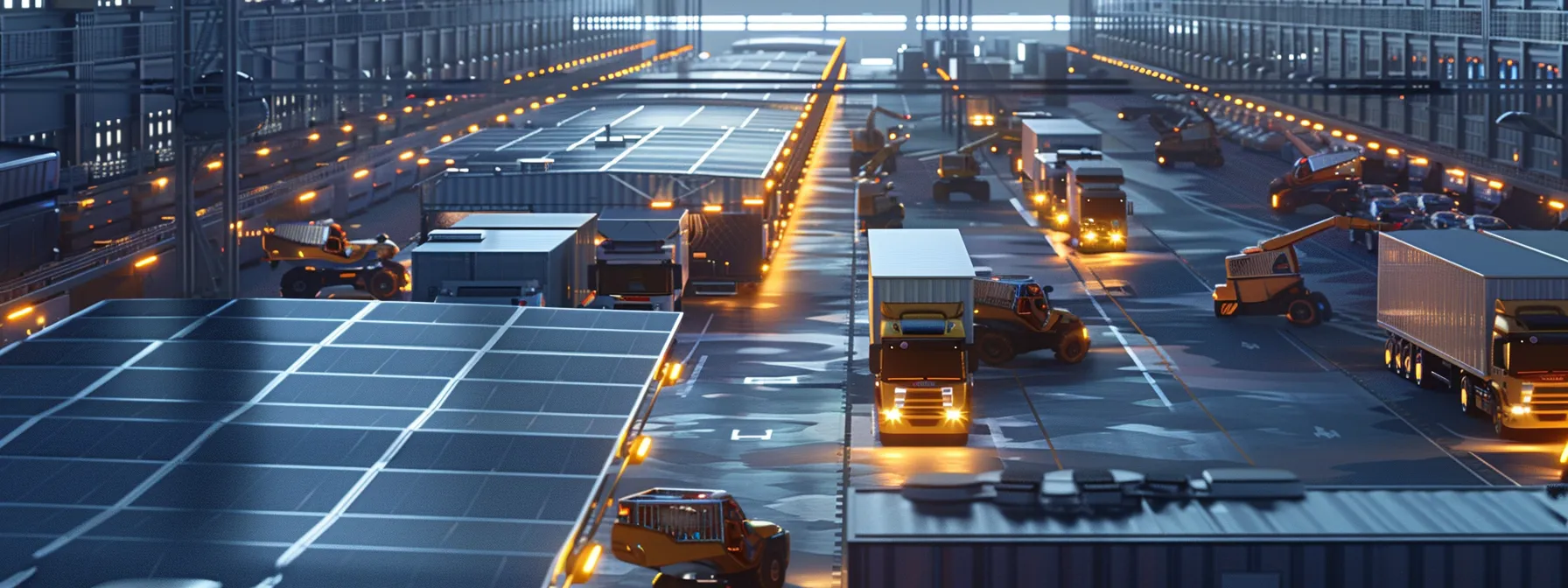 a futuristic warehouse with solar panels, robotic arms, and driverless trucks buzzing with activity, showcasing the cutting-edge trends in ftl logistics.