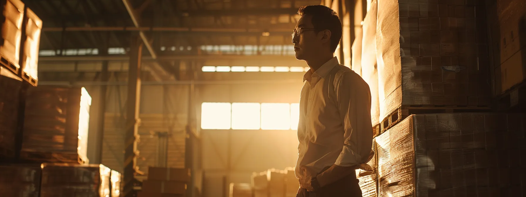 a warehouse manager carefully inspects various pallets of goods while planning efficient supply chain management strategies.