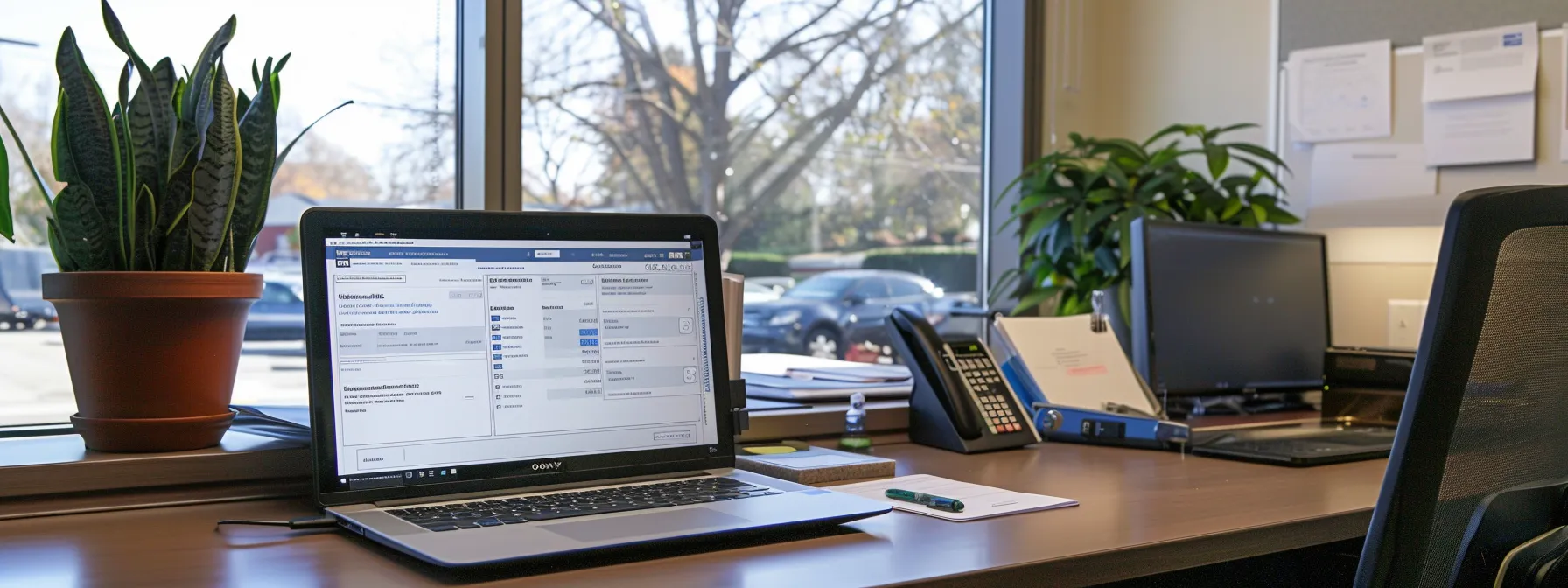 a well-lit office desk with a laptop open displaying a freight solutions company's industry certifications, client testimonials, and global network evaluation reports neatly organized.