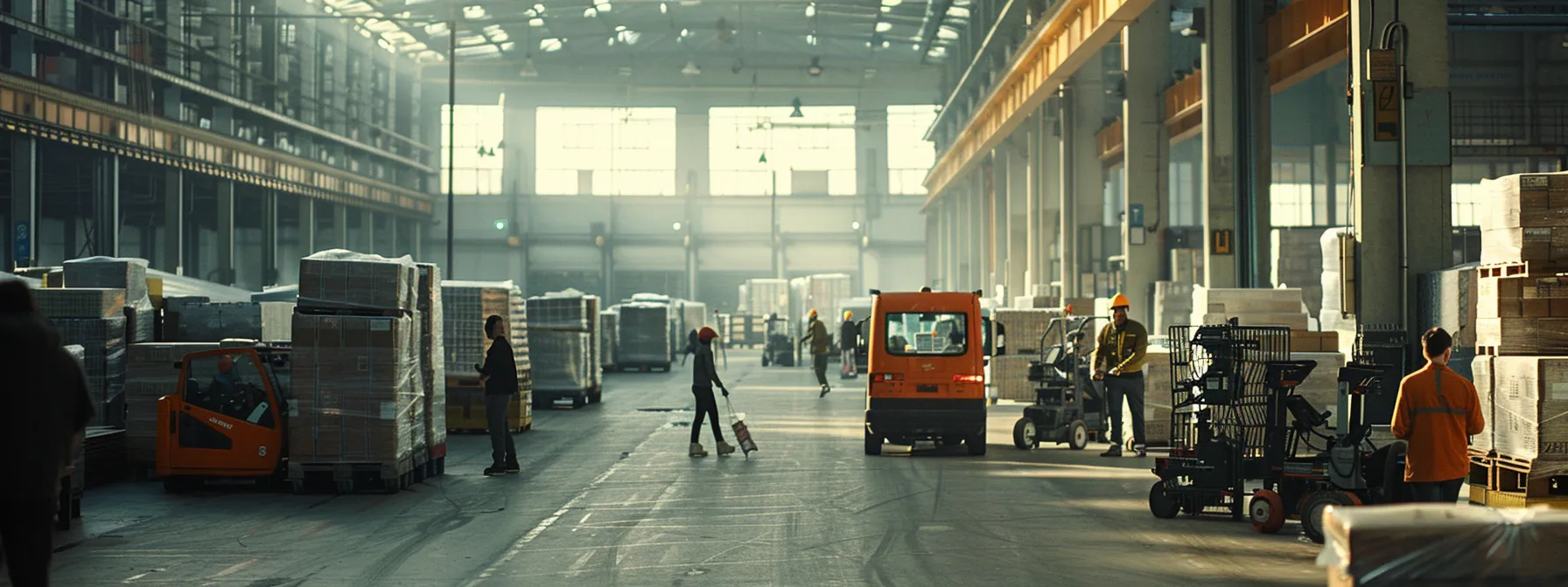 a diverse group of logistics workers engaged in digital collaboration, showcasing specialized training and remote work adaptation in a modern warehouse setting.