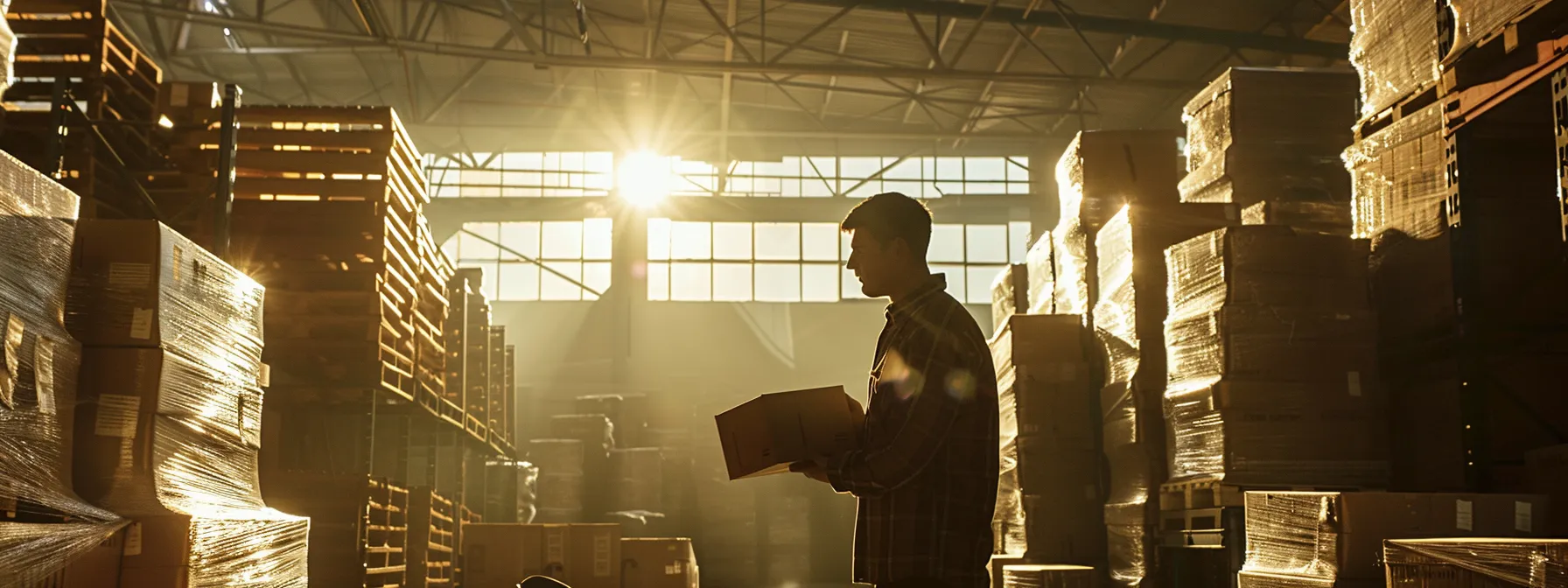 a small business owner carefully packing goods for ltl shipping next to a large warehouse filled with stacked pallets for tl freight.