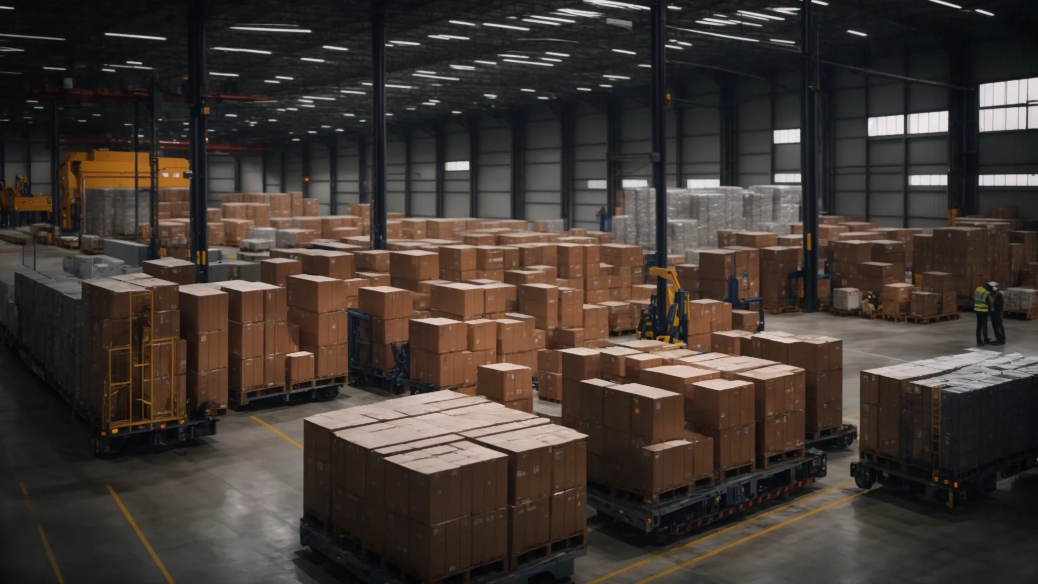 a busy warehouse bustling with workers loading high-tech tracking systems onto trucks for efficient freight transportation.