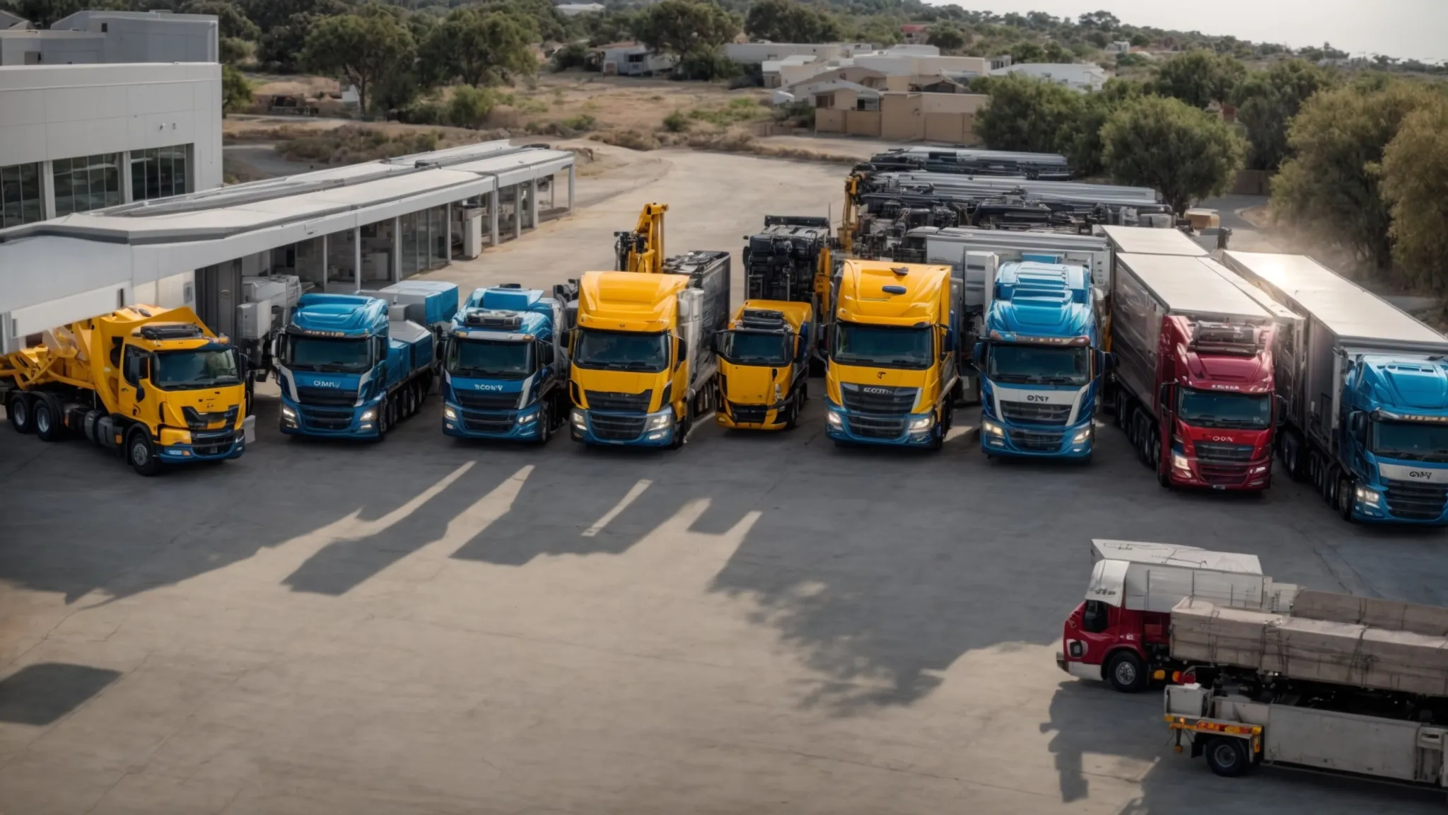 a fleet of alkeba's dedicated trucks lined up, each equipped with cranes and specialized equipment, ready to provide exclusive transportation services to businesses nationwide.