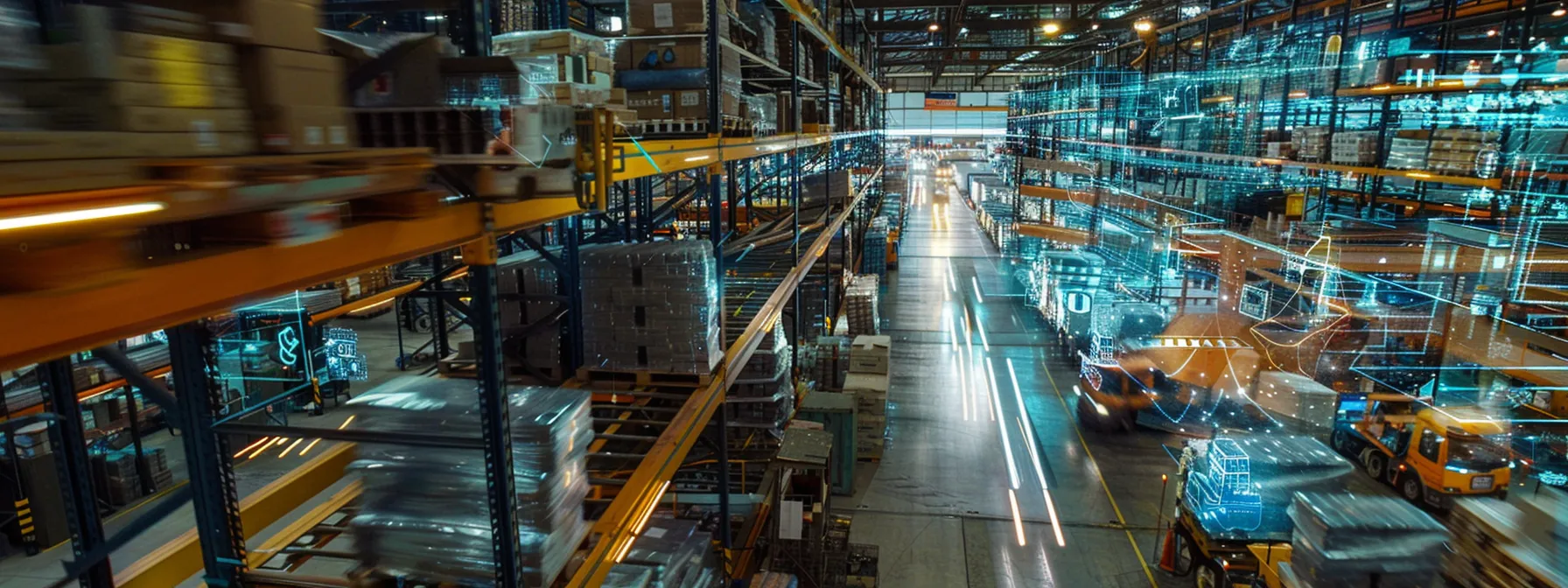 a bustling warehouse filled with high-tech tracking devices and screens displaying real-time logistics data.